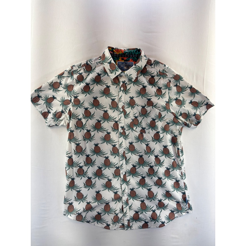 Huntington Beach Club Mens Large Pineapple Print Cotton Button Down Shirt White